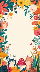 Obraz premium Cute Animals in a Colorful Floral Frame Illustration.