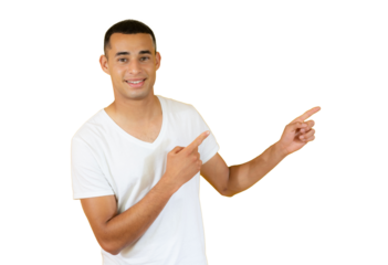 Attractive young man in casual t-shirt pointing up with his fingers isolated over transparent background