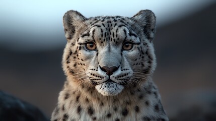 Naklejka premium A close-up of a majestic snow leopard displaying its striking features and stunning coat, showcasing the beauty of wildlife.