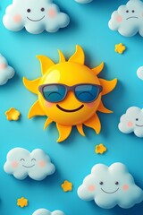 A smiling sun wearing sunglasses, surrounded by tiny clouds