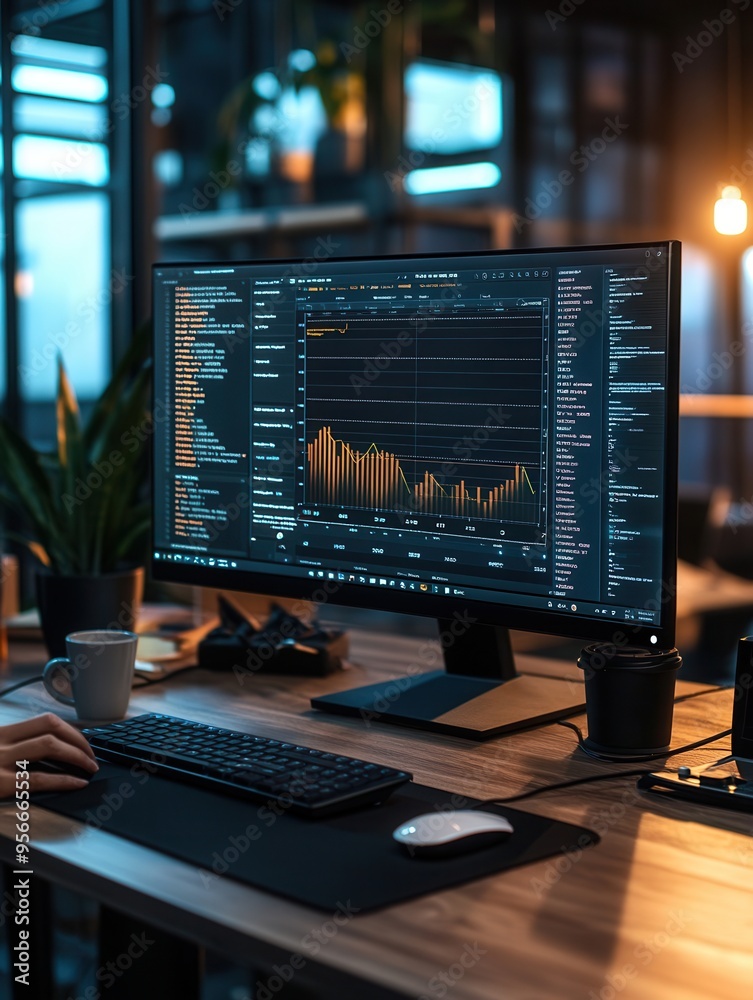 Poster an expert focuses intently on a large monitor, analyzing data while surrounded by a tidy desk with c