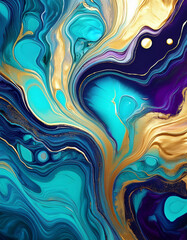 Fluid art painting with alcohol ink technique and gold dust creating shimmering golden veins