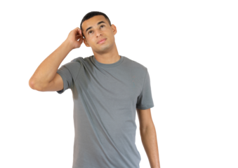 Pensive young man in casual t-shirt isolated over transparent background