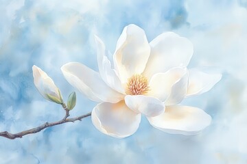 Obraz premium White Magnolia Flower Watercolor Painting with Blue Background.