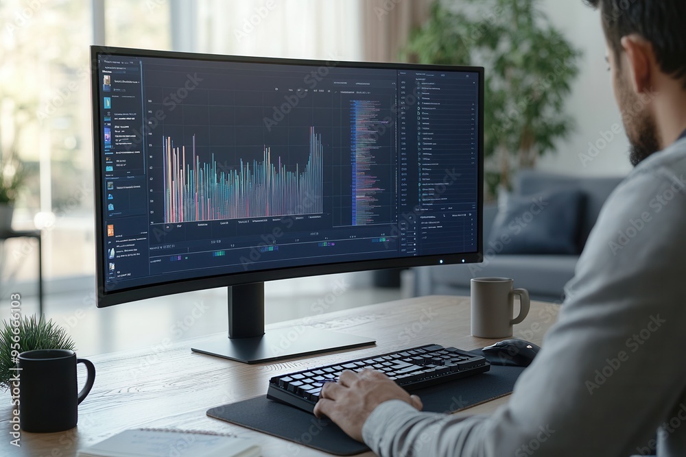 Poster an expert concentrates on analyzing data displayed on a large monitor while surrounded by a well-org