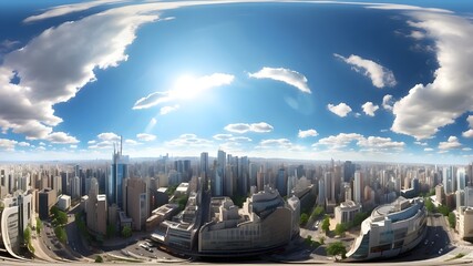 Complete 360-degree smooth spherical view The Daytime Big City Future Sky is projected equirectangularly using HDRI. Map of the lighting and environment texture