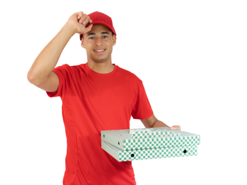 Photo of happy man from delivery service in red t-shirt and cap giving food order and holding two pizza boxes isolated over transparent background