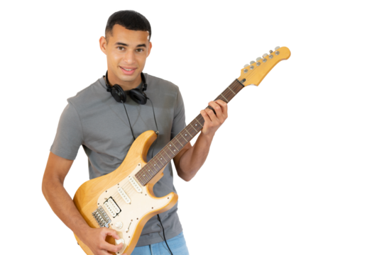 Handsome young man playing electric guitar isolated over transparent background. - Powered by Adobe