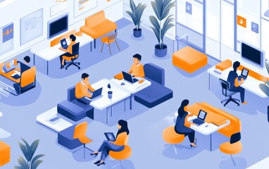 A modern office space with people working on laptops in a collaborative environment.