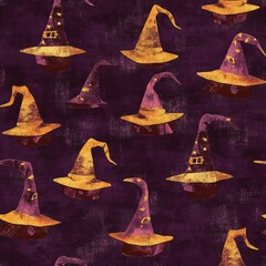 Vintage witches' hats pattern on vintage burgundy fabric background, seamless repeating pattern, textile print style, minimal, Halloween design, seamless hat pattern, home decor, textiles 