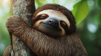 Fototapeta premium A cute sloth peacefully hugging a tree branch, embodying tranquility in a lush green environment. Ideal for nature-themed projects.