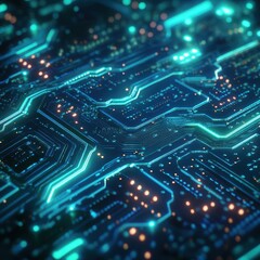 Abstract Technology Background with Blue and Orange Lights on Circuit Board.