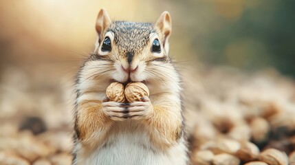 Fototapeta premium A cute squirrel holding two nuts, surrounded by scattered nuts on the ground, capturing a heartwarming wildlife moment.
