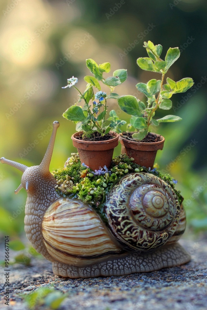 Wall mural A snail with a beautifully decorated shell, carrying tiny potted plants on its back. 