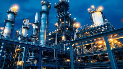 A large industrial plant with many tall buildings and a lot of lights. Scene is industrial and somewhat ominous