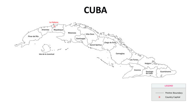 Cuba Map. State and district map of Cuba. Administrative map of Cuba with states and boundaries in white color.