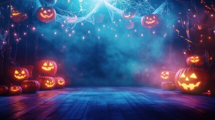 Halloween Background with Jack-O-Lantern Pumpkins, Spider Webs, and Glowing Lights.