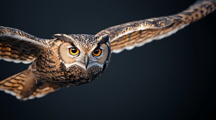 Obraz premium A majestic owl in flight, showcasing impressive wingspan and piercing gaze against a dark backdrop.