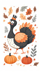 Illustration of a cheerful turkey surrounded by autumn leaves and pumpkins, perfect for Thanksgiving and fall themes.