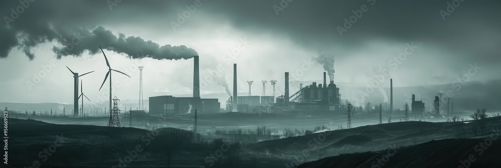 Aufkleber Old factories stand alongside wind turbines, highlighting a shift from coal mining to renewable energy sources in the area. Generative AI