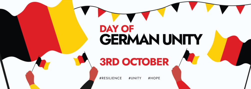 3rd October Germany Unity celebration cover banner, post with its flags, hands holding flags of Germany. The day commemorates German reunification in 1990. Vector illustration
