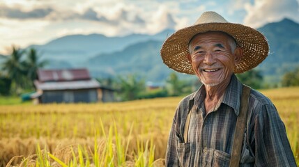 Old farmer is harvested in the field, with happy face, in the distance is an old house on top of a rice field with Mountain view in the background