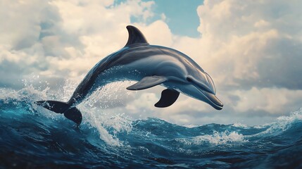 Fototapeta premium A playful dolphin leaps gracefully above the ocean waves under a dramatic sky, showcasing its beauty and agility in nature.