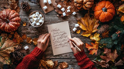 A woman writing a Thanksgiving letter on beautiful stationery surrounded by autumnal decorations and a cup of hot cocoa with marshmallows