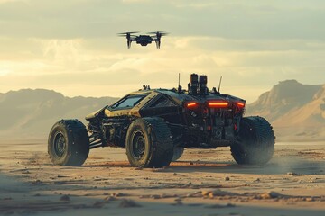 Fototapeta premium Futuristic Off-Road Vehicle with Drone Surveillance in Desert Landscape