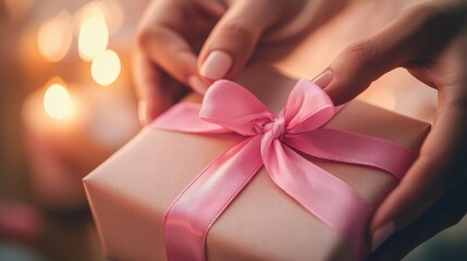 A close-up of hands gently tying a pink ribbon around a gift box, the background softly blurred with a warm golden light, symbolizing care, love, and the act of giving in support of Breast Cancer