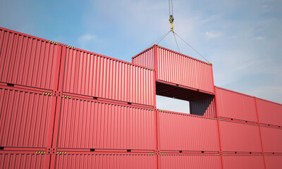 Red cargo container at a loading crane. Stack of cargo containers in a docks. 3d illustration on sky background with clouds.