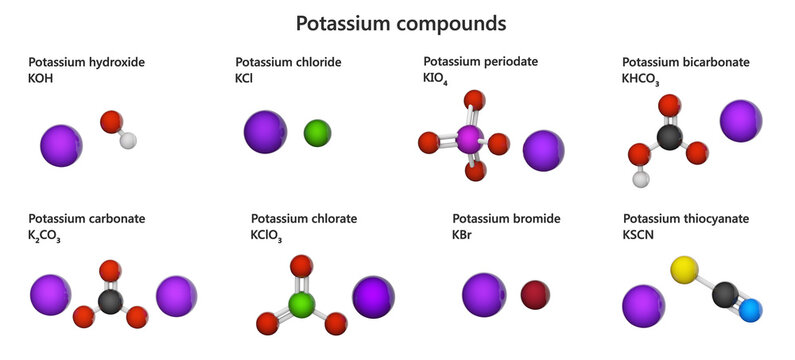 Various Potassium (K) compounds: monoxide, oxide, chloride, periodate, carbonate, chlorate, bromide, thiocyanate. 3d illustration. Isolated on white background.