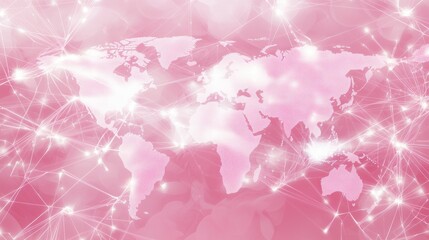 A vibrant image of a world map with pink ribbons placed on various countries, symbolizing the global spread of Breast Cancer awareness, the map is set against a dynamic background of soft pink and