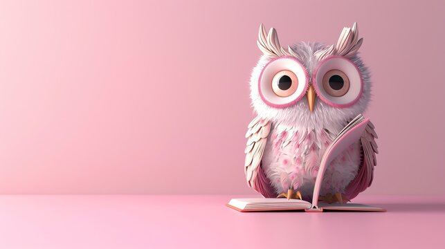 A cartoon owl with pink feathers is sitting on an open book against a pink background.