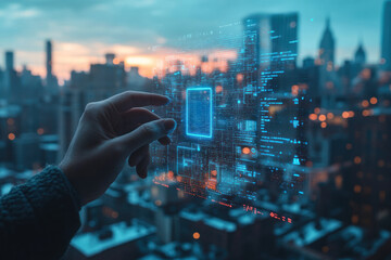 Hand interacting with AI content over city view