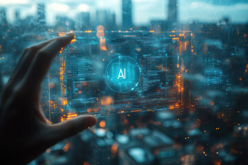 Abstract AI interface over modern urban landscape