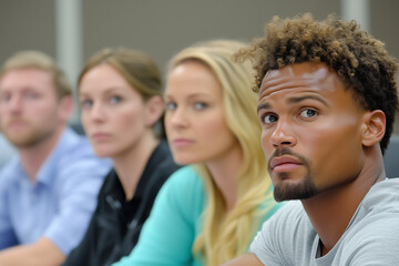 Fototapeta premium A group of young professionals attentively listening during a meeting or seminar, emphasizing focus and engagement in a professional setting