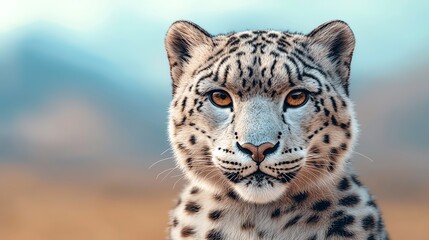 Naklejka premium A stunning portrait of a snow leopard, showcasing its beautiful fur and intense gaze against a blurred natural background.
