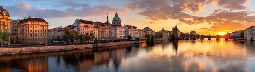 Naklejka premium A panoramic image showcasing historic European buildings along a river at sunset, featuring a blend of architectural beauty and natural scenery in a picturesque setting.