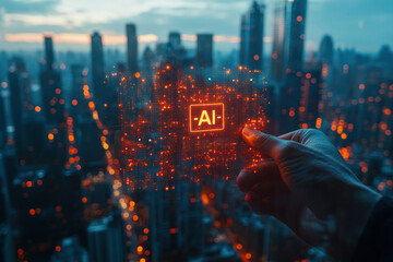 Hand projecting AI interface over urban skyline