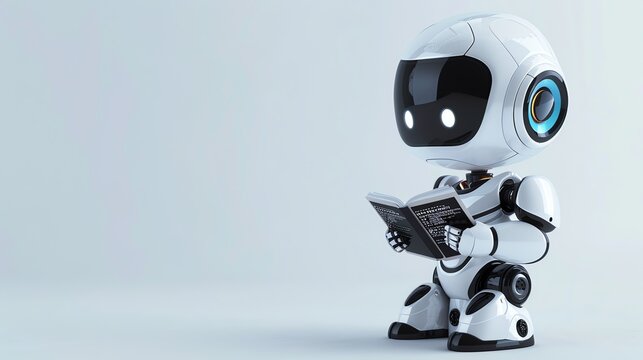 A white robot with black eyes reading a book on a white background.