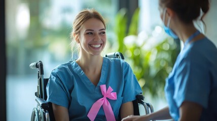 Obraz premium A scene of a cancer survivor sitting in a wheelchair, smiling warmly while wearing a pink ribbon, with a supportive healthcare worker standing beside her, representing hope and the ongoing journey of