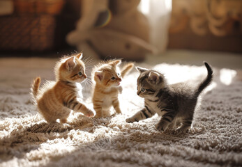 Playful kittens in sunlit room on soft rug  adorable and cute baby cats playing indoors