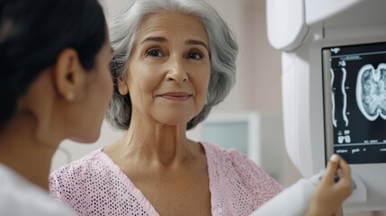 A senior woman in a medical clinic setting receiving a mammography scan with a compassionate female medical technician adjusting the machine while the woman gazes thoughtfully at the camera conveying