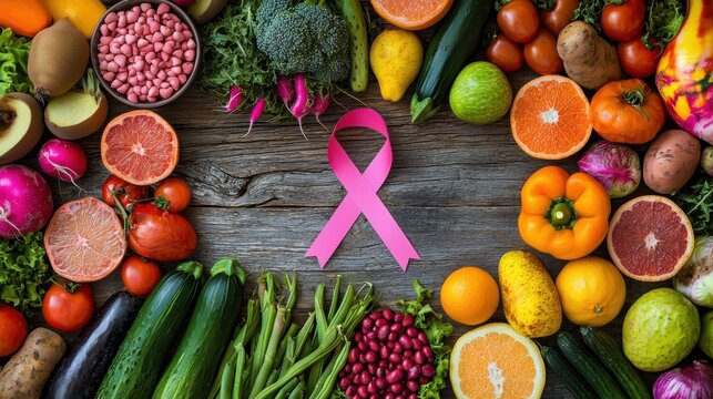 A colorful and lively food spread featuring healthy fruits and vegetables arranged on a rustic wooden table with a pink ribbon centerpiece emphasizing the importance of nutrition in breast cancer