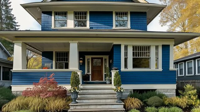 A large blue house with a porch and steps. The house is surrounded by a lush green lawn