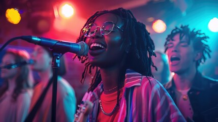 Energetic young band performing live on stage with colorful lighting. Karaoke party
