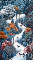 Fantasy forest and birds abstract illustration poster background