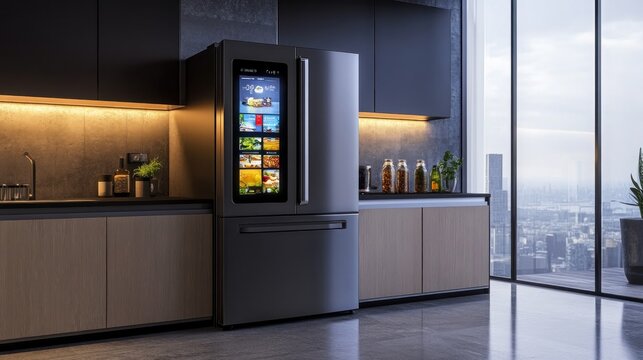 Modern Kitchen with Smart Refrigerator and City View