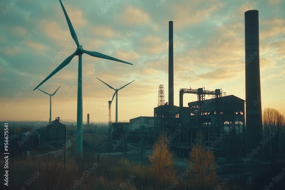 Poster wind turbines stand tall against the backdrop of closed coal mines and old factories, showcasing the